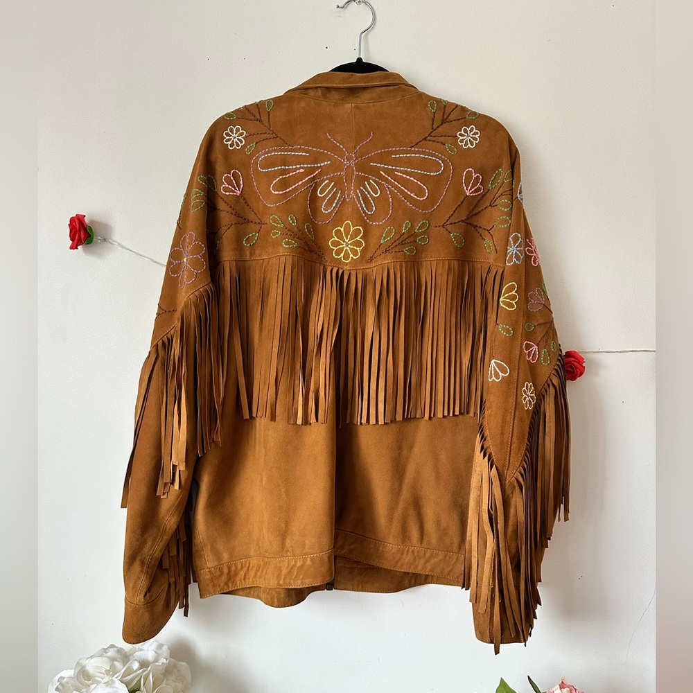 Free People Willa Western Bomber Brown Leather Jacket Fringe Embroidery L XL - Picture 7 of 11